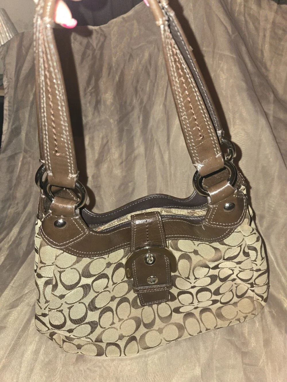 Coach Signature Canvas Hobo Bag in Khaki and Dark Brown